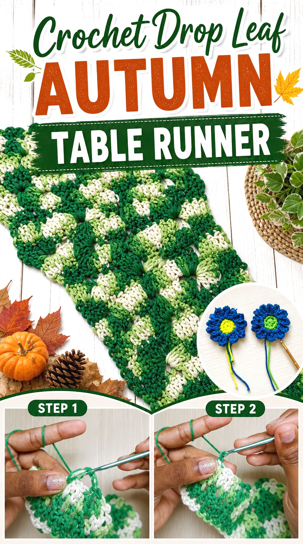 Crochet Drop Leaf Autumn Table Runner