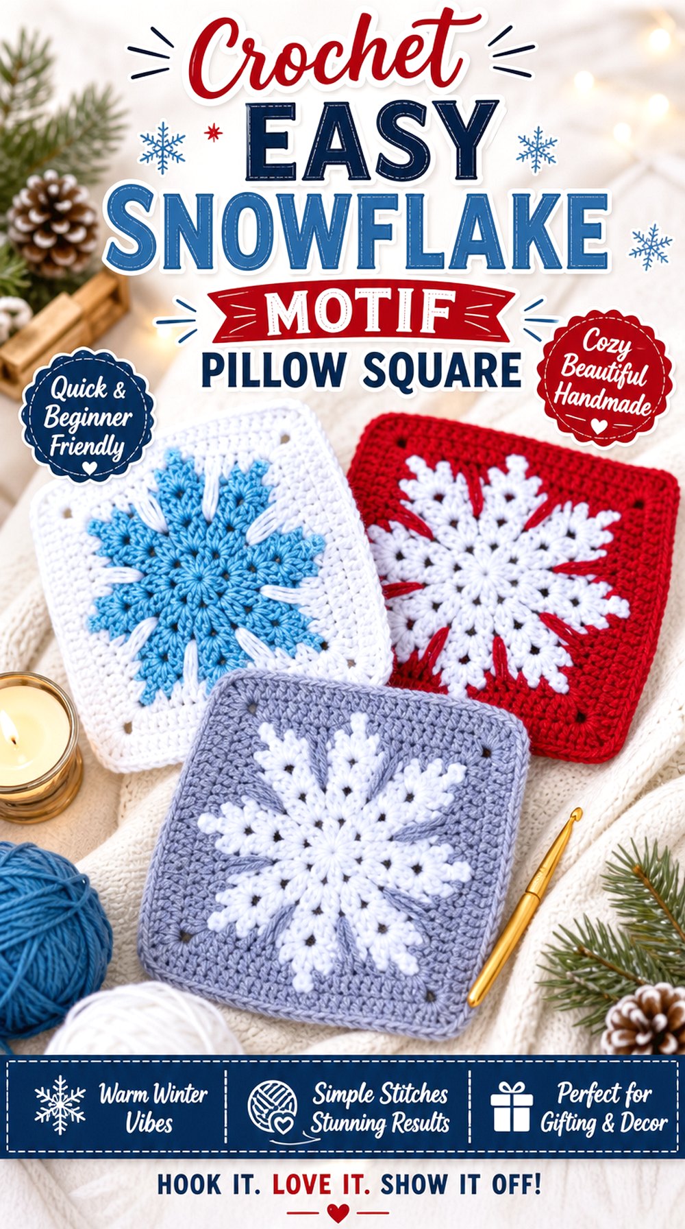 Crochet Easy Snowflake Motif Pillow Square