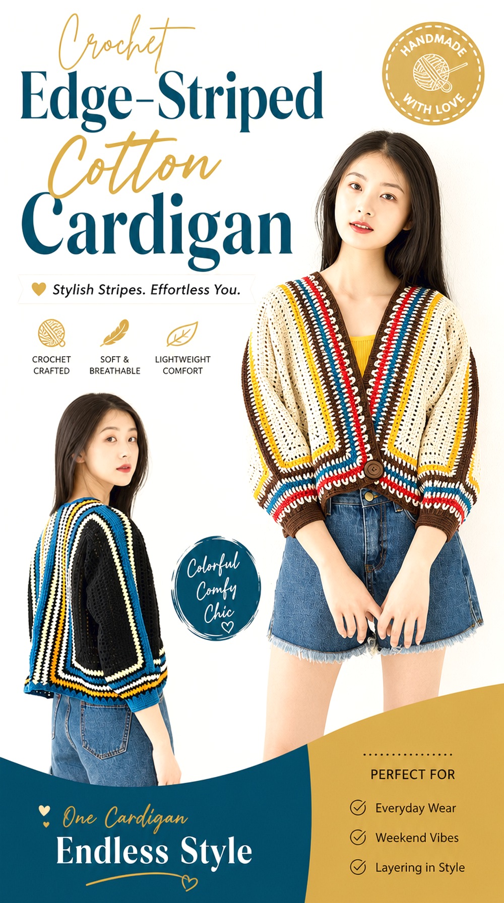 Crochet Edge Striped Cotton Cardigan