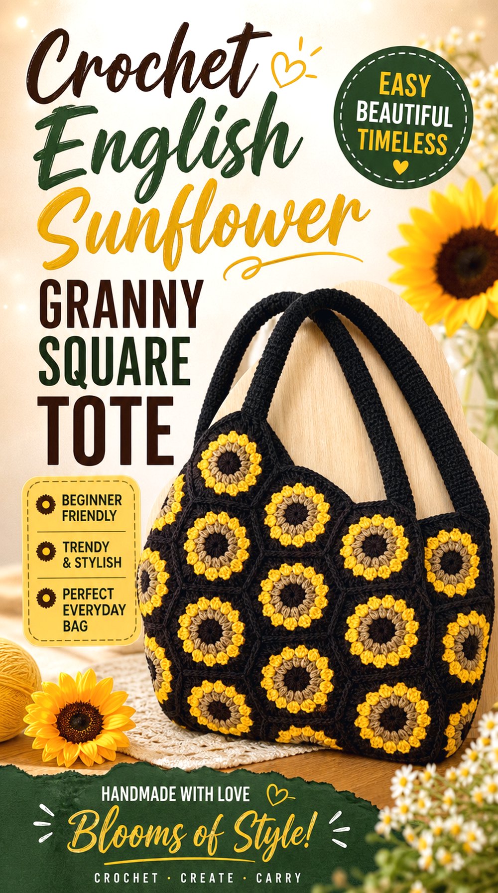 Crochet English Sunflower Granny Square Tote