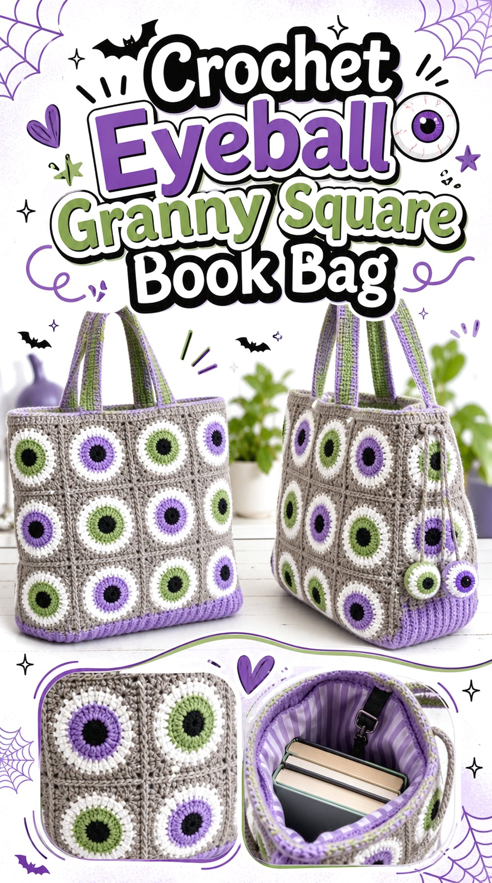 Crochet Eyeball Granny Square Book Bag