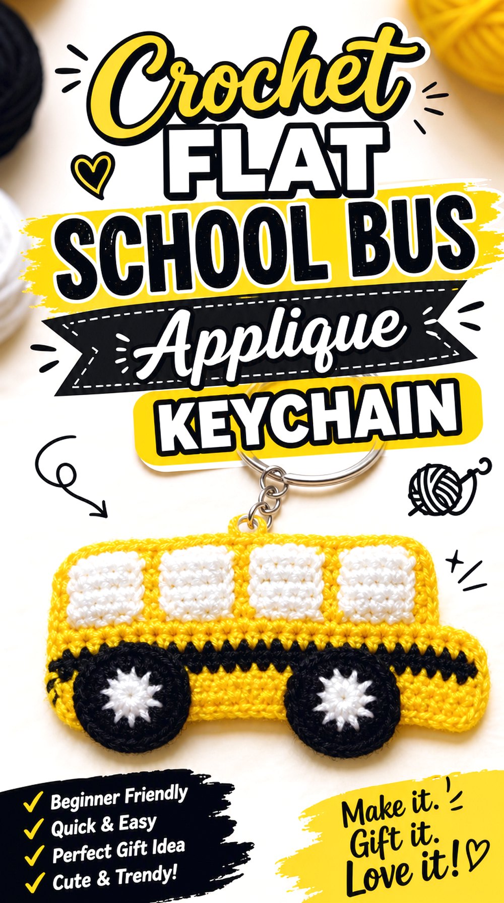 Crochet Flat School Bus Applique Keychain