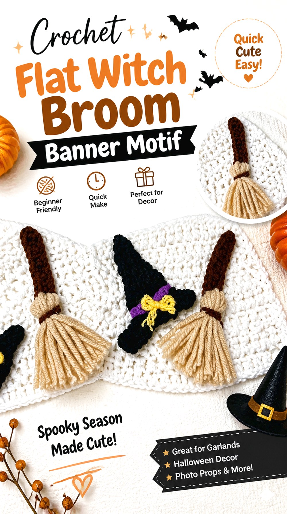 Crochet Flat Witch Broom Banner Motif