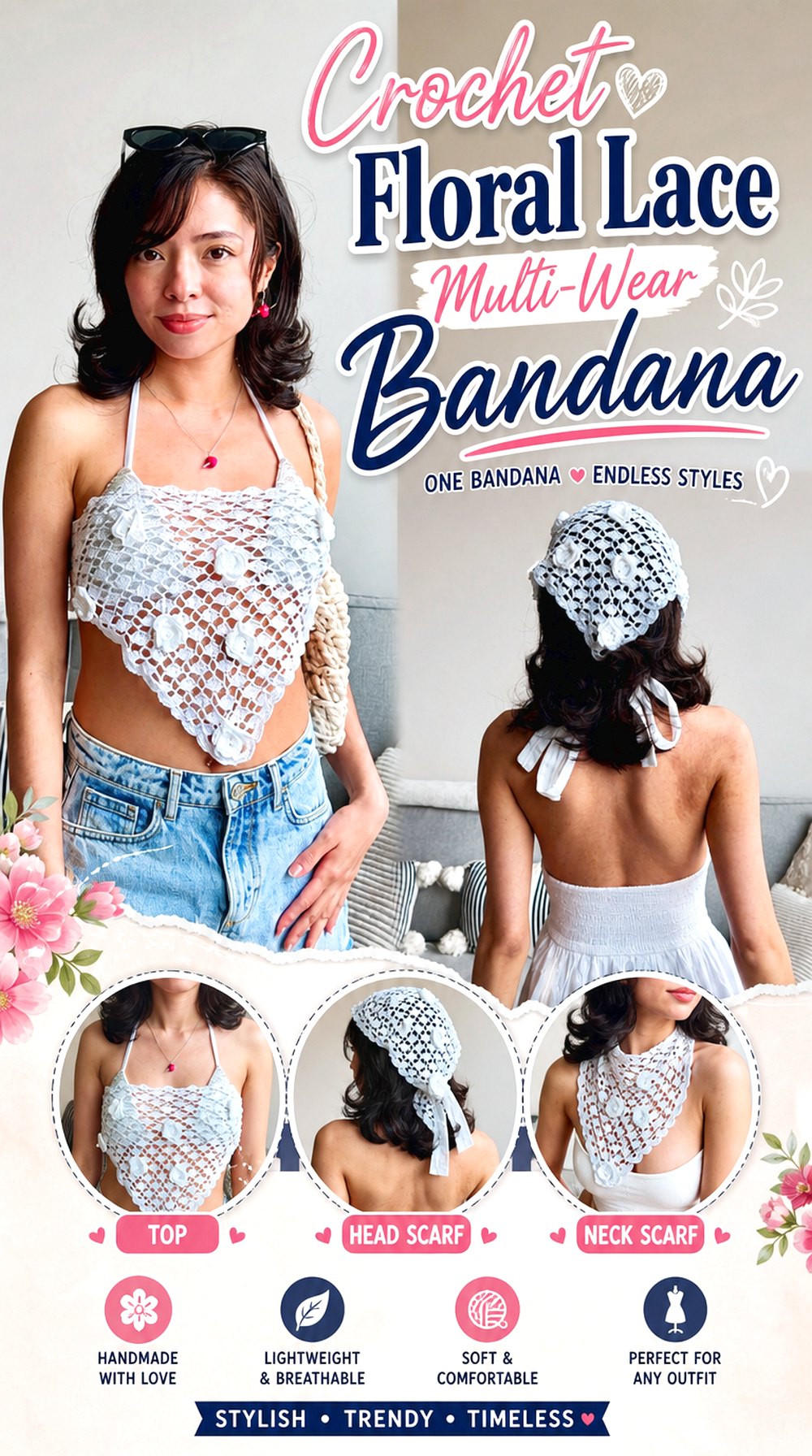 Crochet Floral Lace Multi Wear Bandana