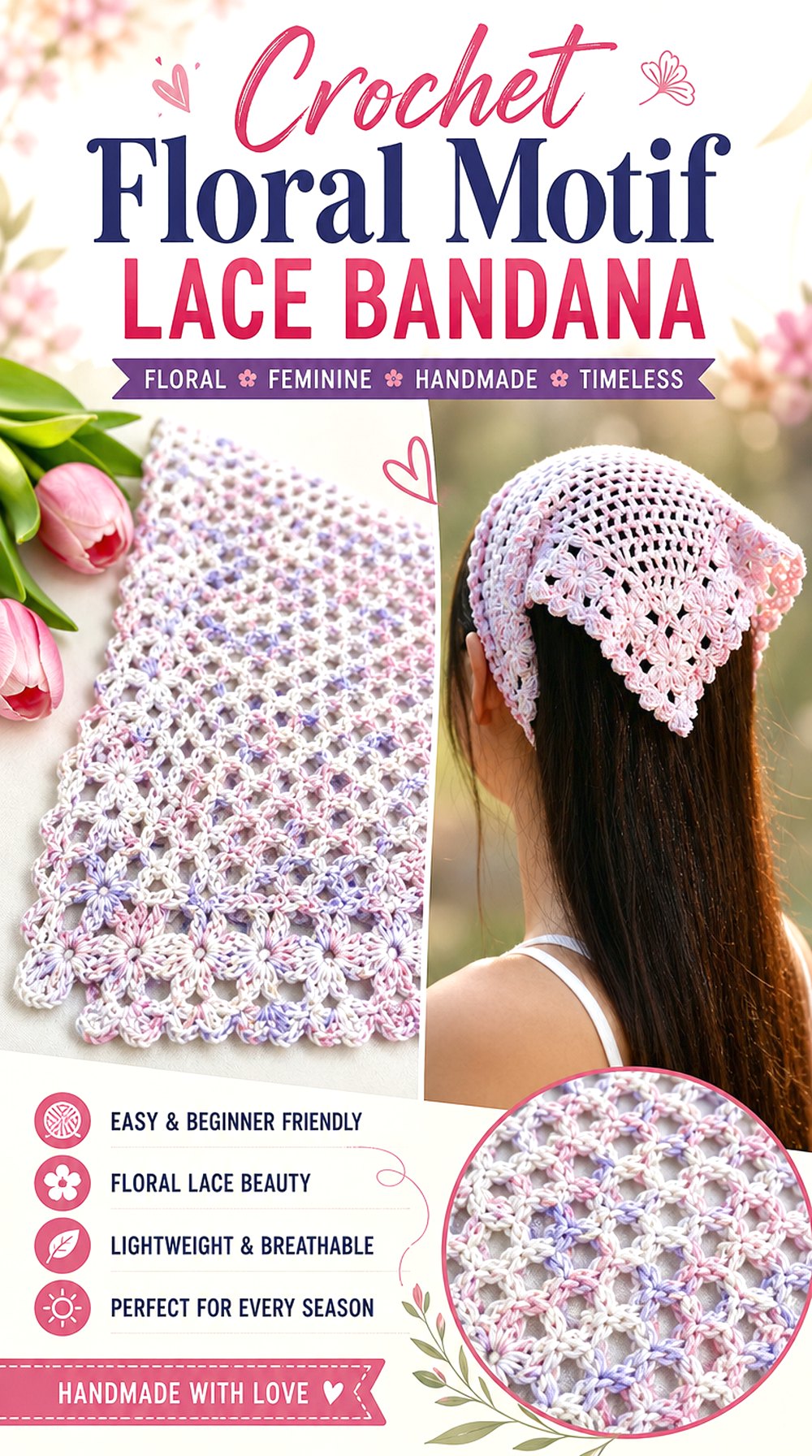 Crochet Floral Motif Lace Bandana