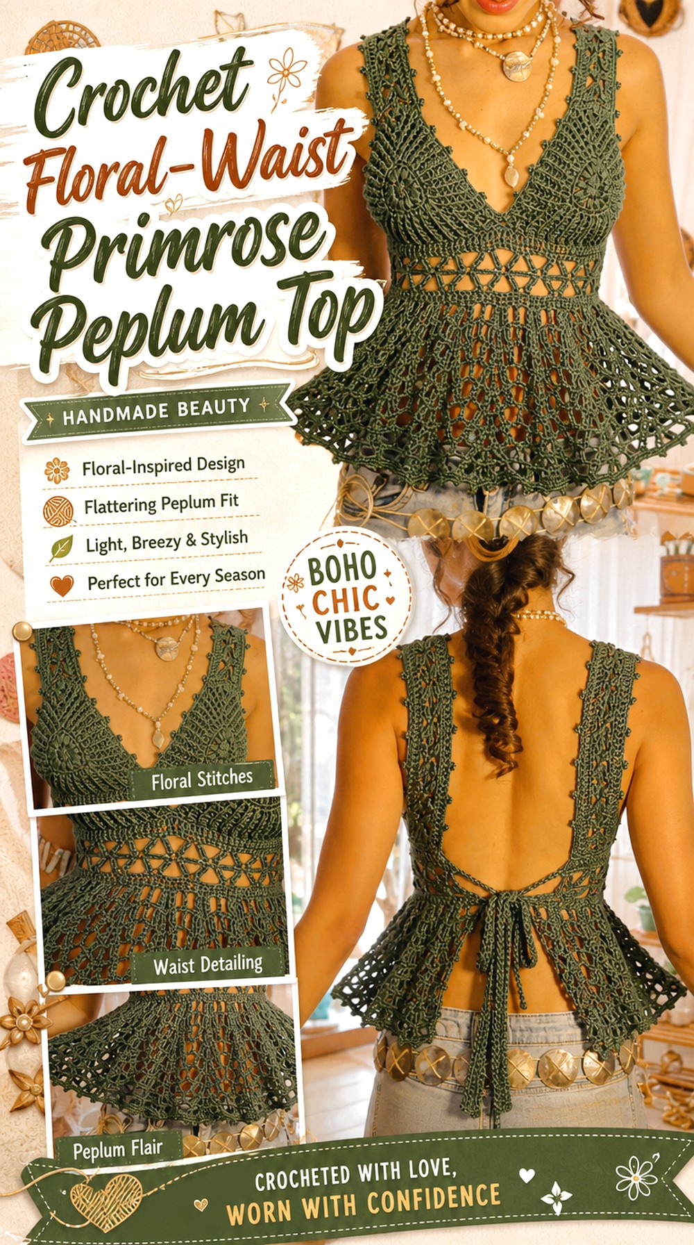 Crochet Floral Waist Primrose Peplum Top