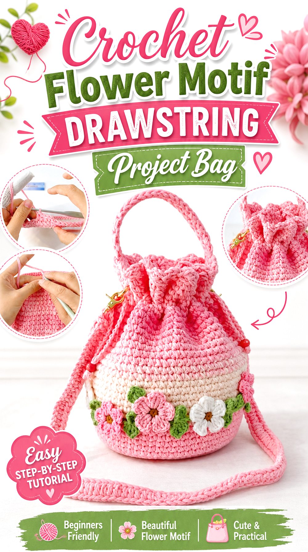 Crochet Flower Motif Drawstring Project Bag