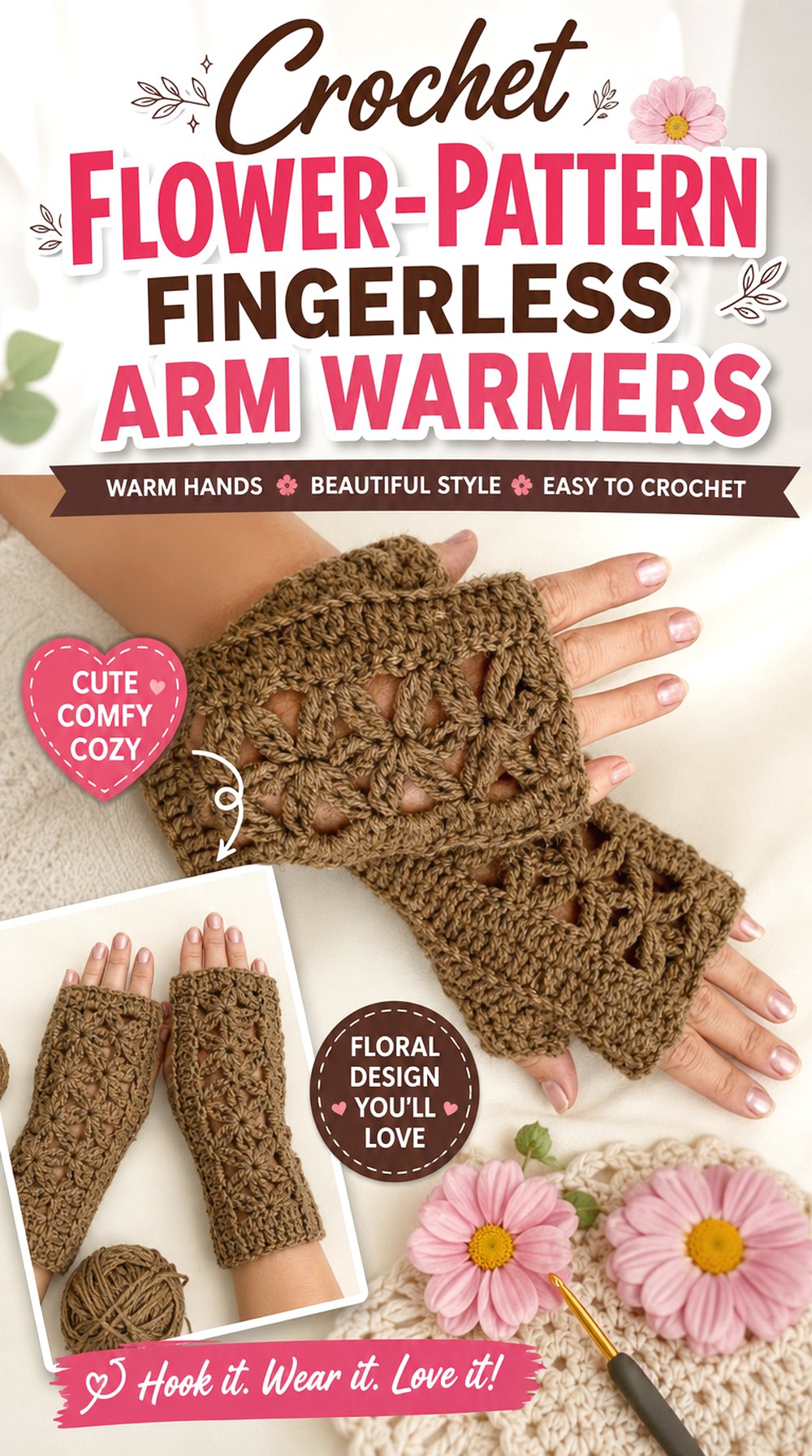 Crochet Flower Pattern Fingerless Arm Warmers
