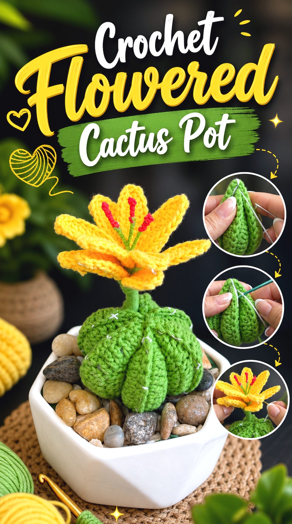 Crochet Flowered Cactus Pot