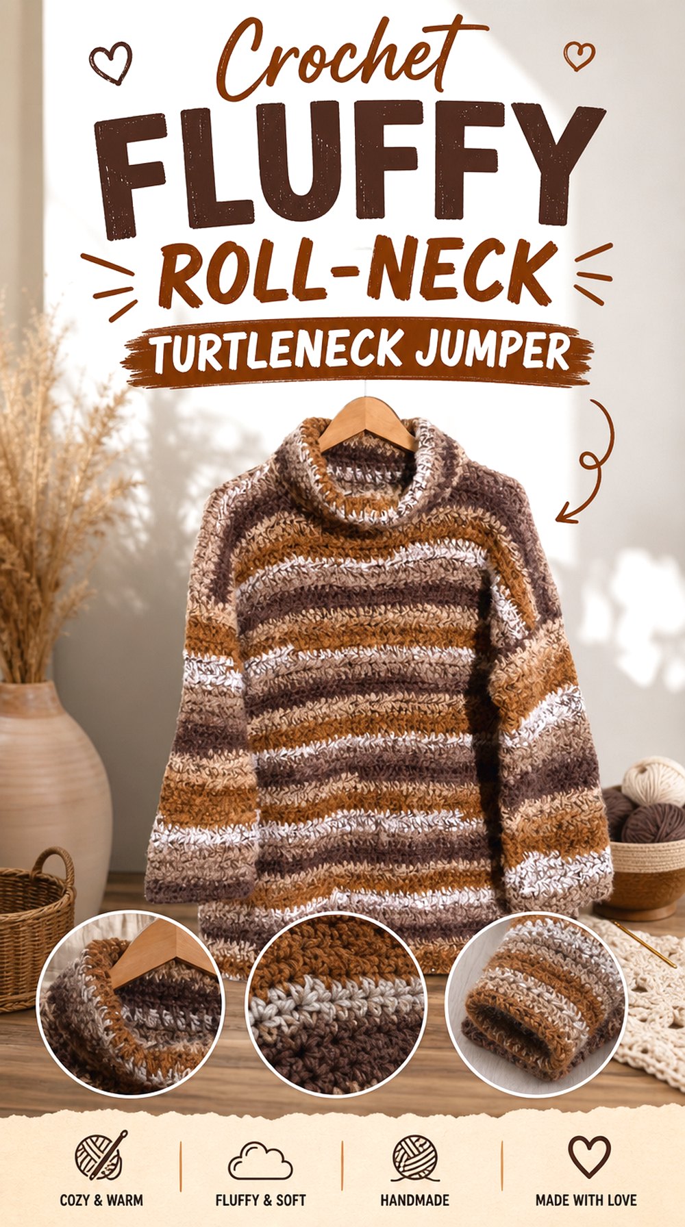 Crochet Fluffy Roll Neck Turtleneck Jumper