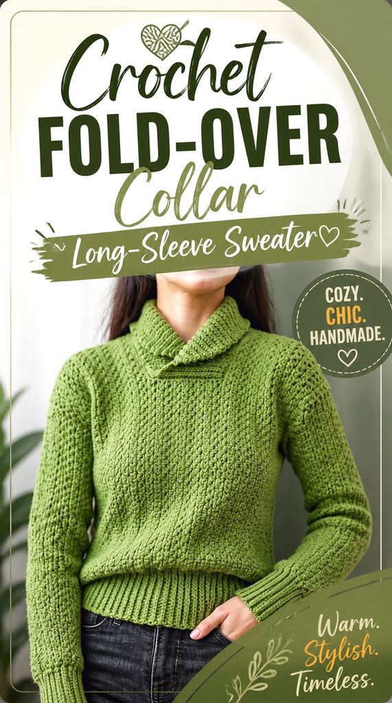 Crochet Fold Over Collar Long Sleeve Sweater