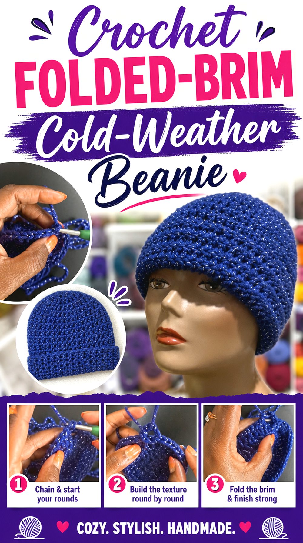 Crochet Folded Brim Cold Weather Beanie
