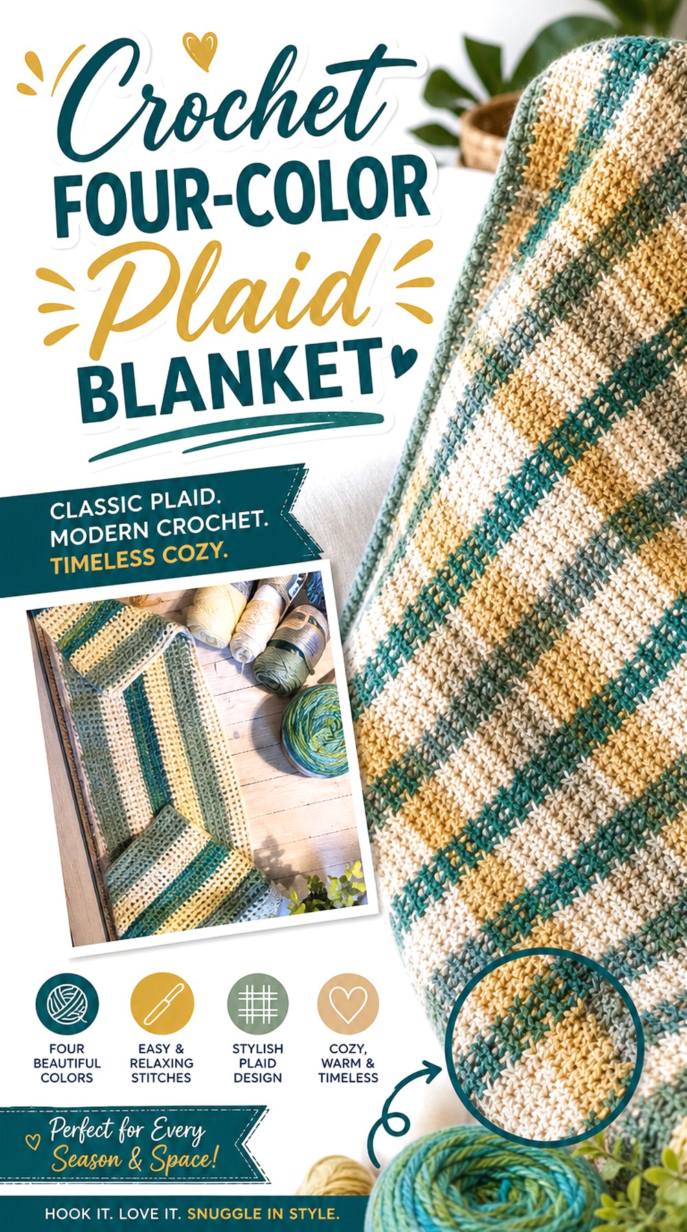 Crochet Four Color Plaid Blanket