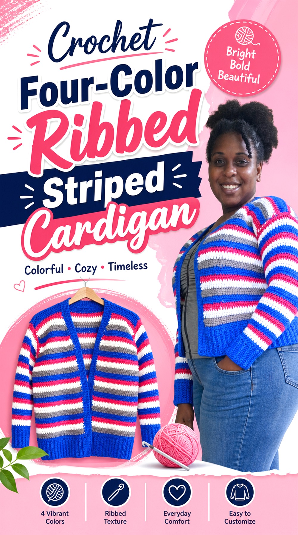 Crochet Four Color Ribbed Striped Cardigan