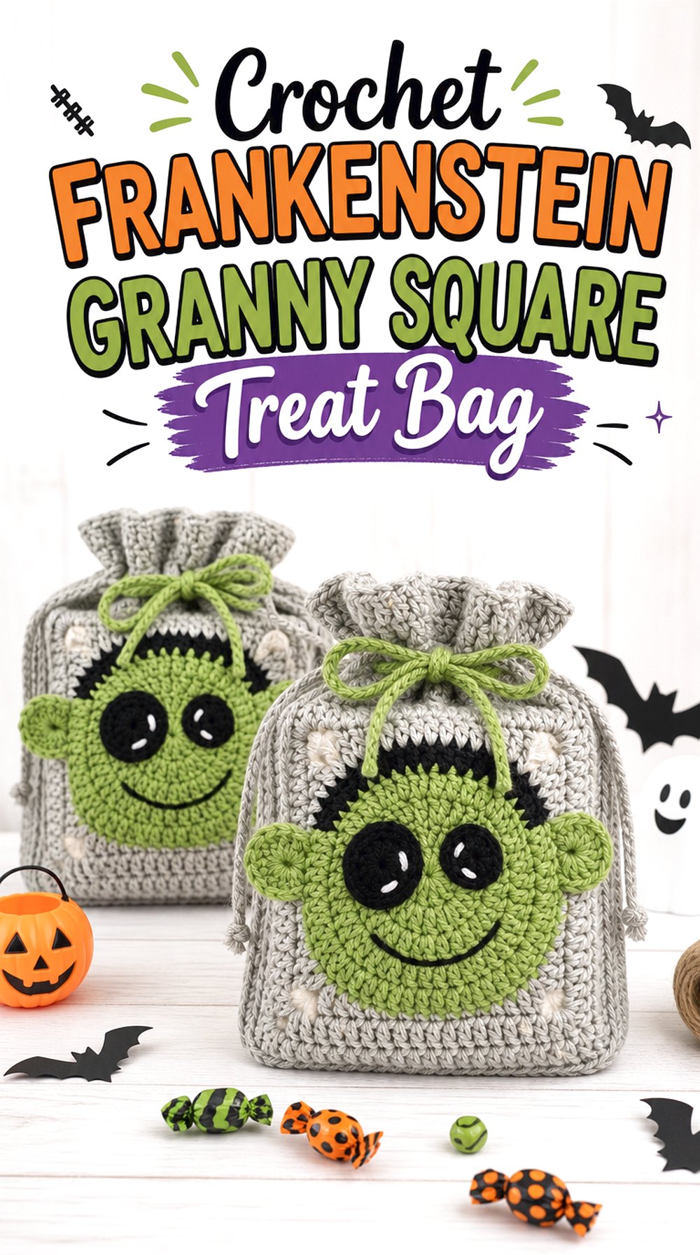 Crochet Frankenstein Granny Square Treat Bag