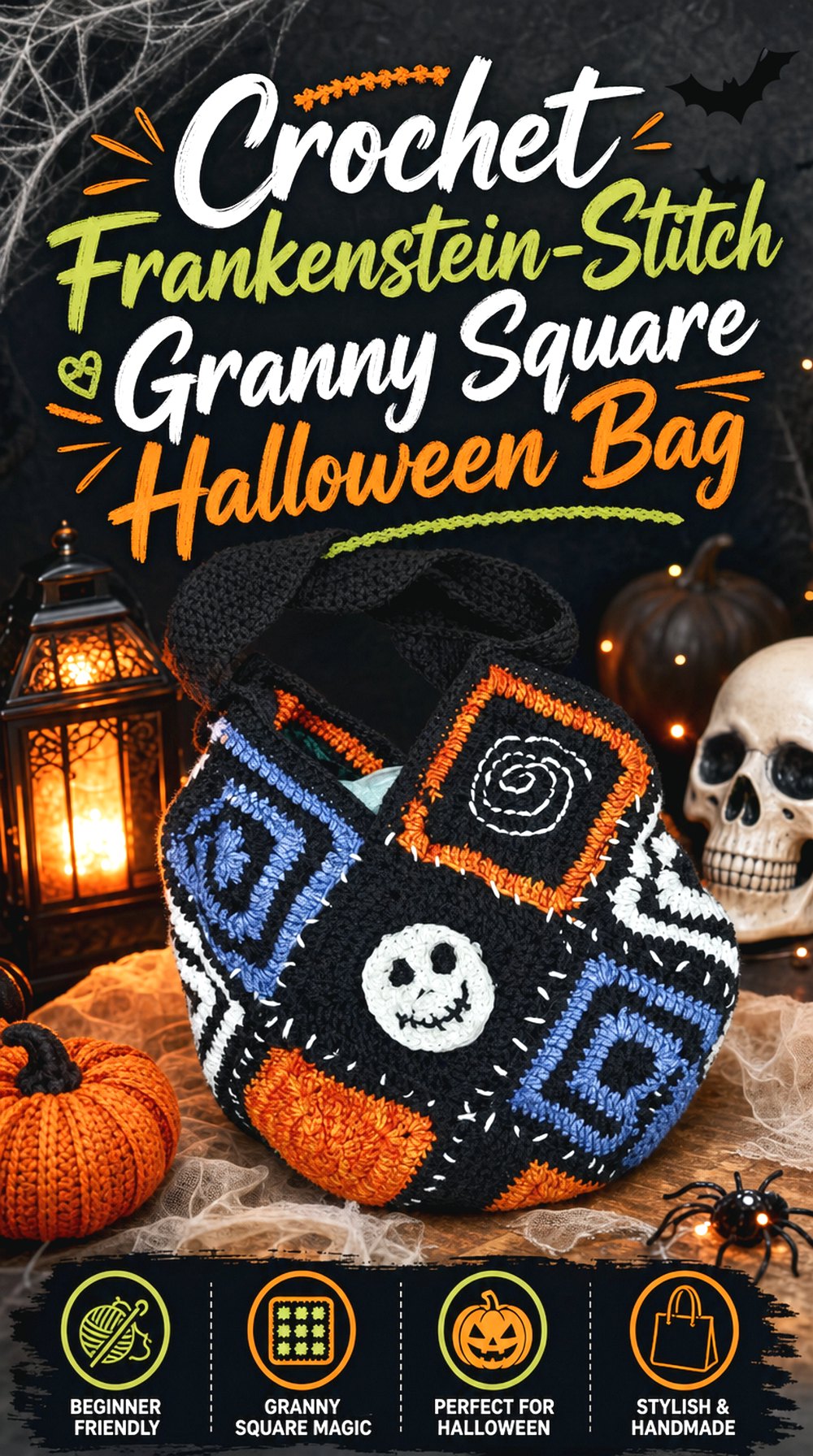 Crochet Frankenstein Stitch Granny Square Halloween Bag