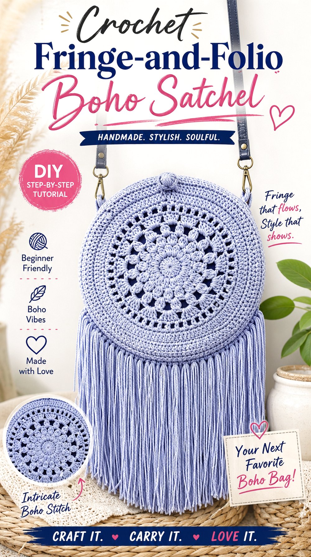 Crochet Fringe and Folio Boho Satchel