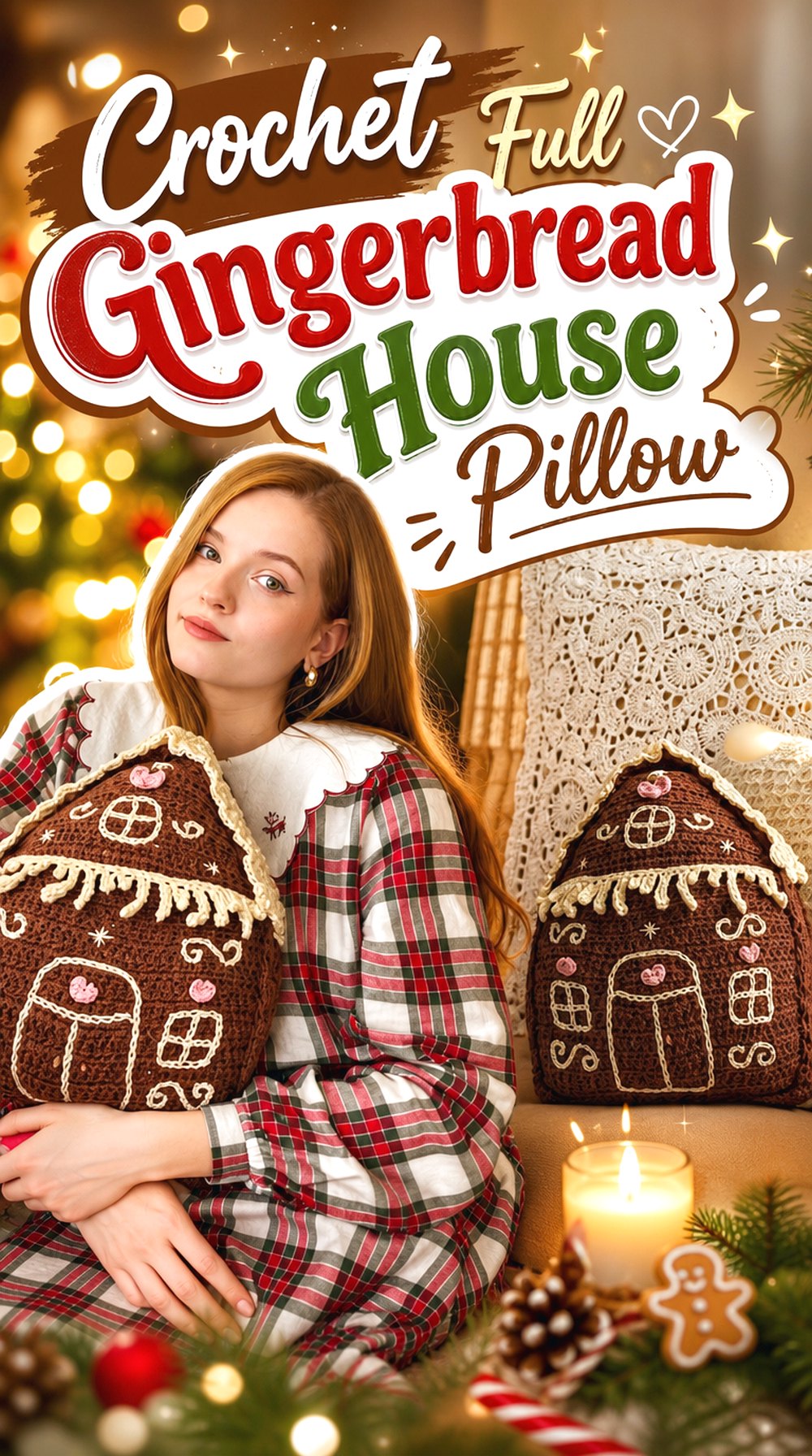 Crochet Full Gingerbread House Pillow