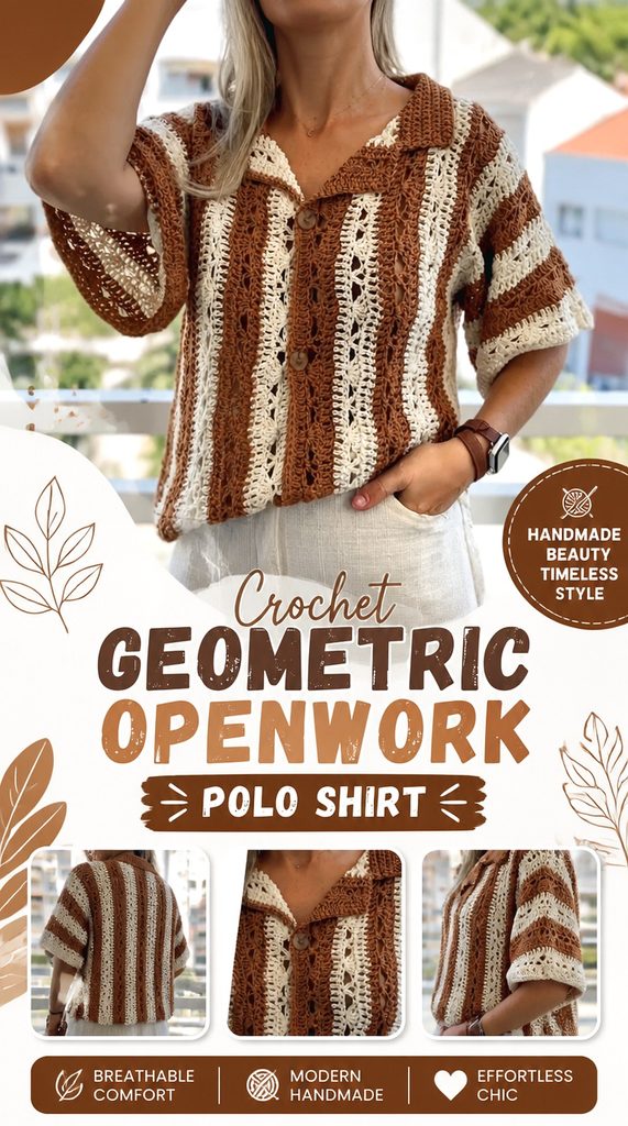 Crochet Geometric Openwork Polo Shirt