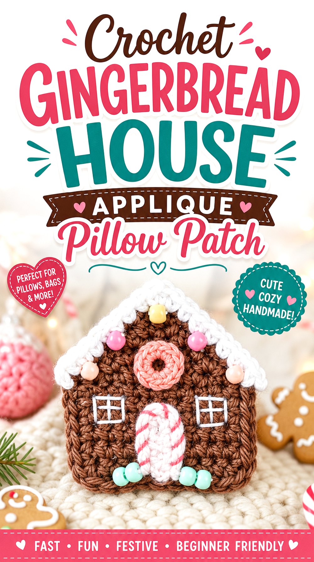 Crochet Gingerbread House Applique Pillow Patch