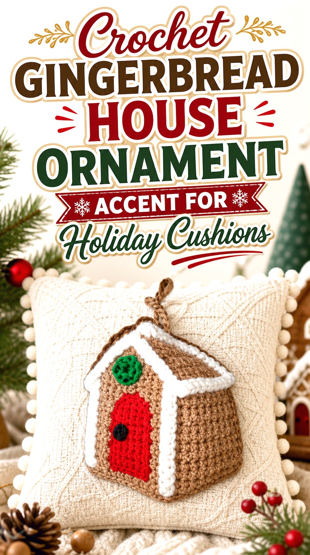 Crochet Gingerbread House Ornament Accent for Holiday Cushions
