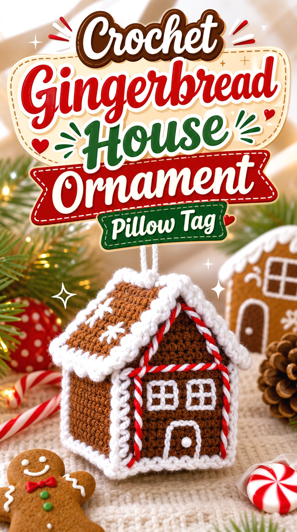 Crochet Gingerbread House Ornament Pillow Tag