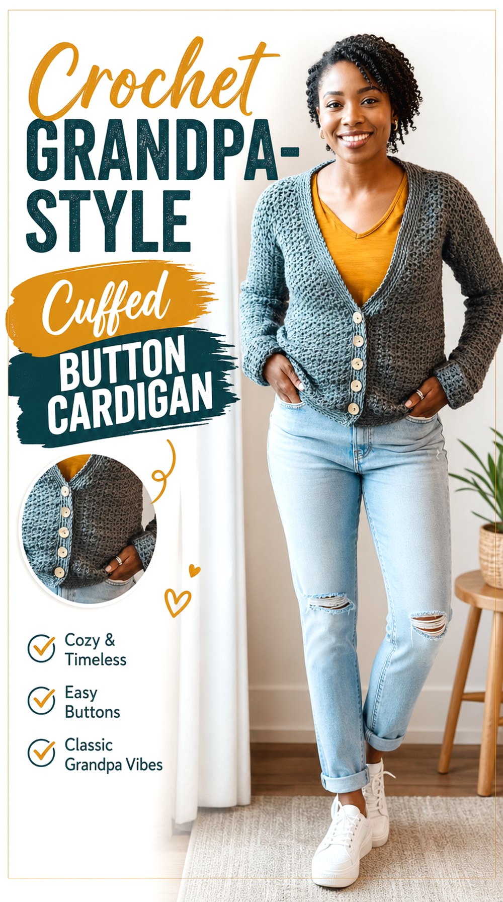 Crochet Grandpa Style Cuffed Button Cardigan