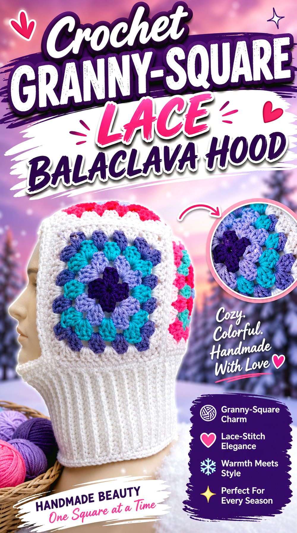 Crochet Granny Square Lace Balaclava Hood