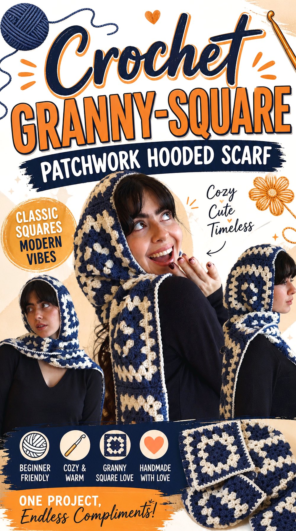 Crochet Granny Square Patchwork Hooded Scarf