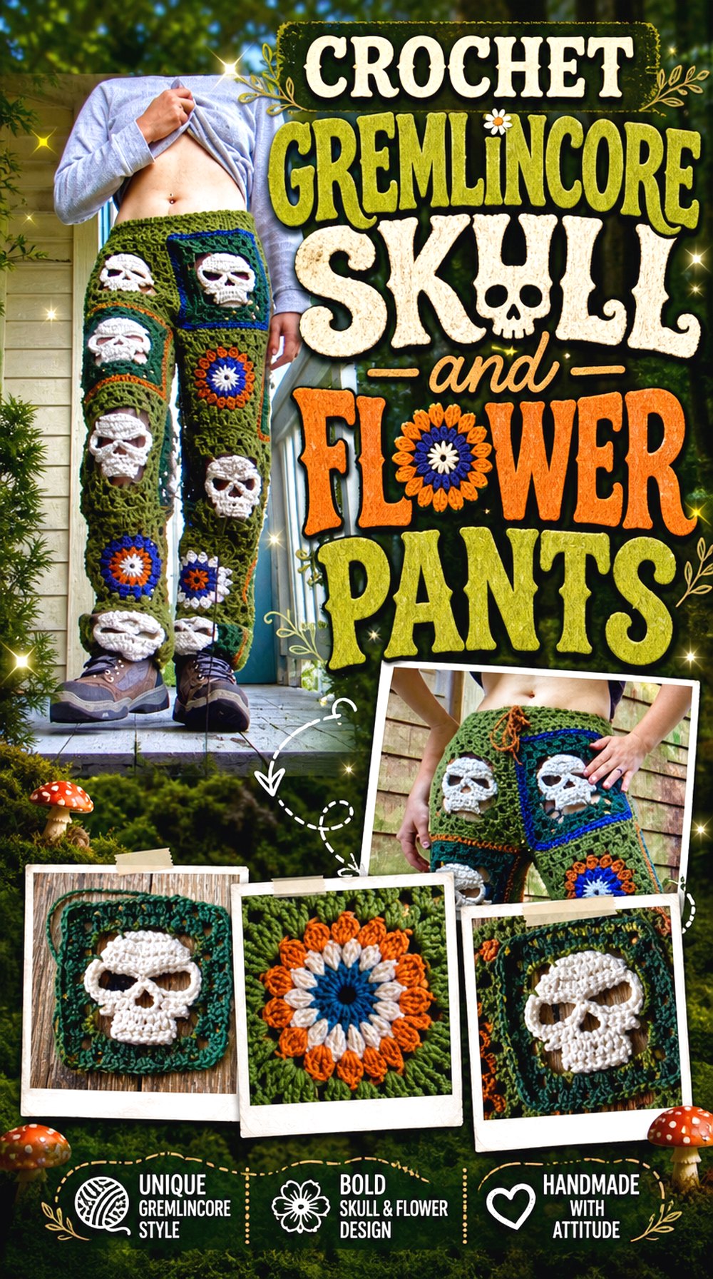 Crochet Gremlincore Skull and Flower Pants