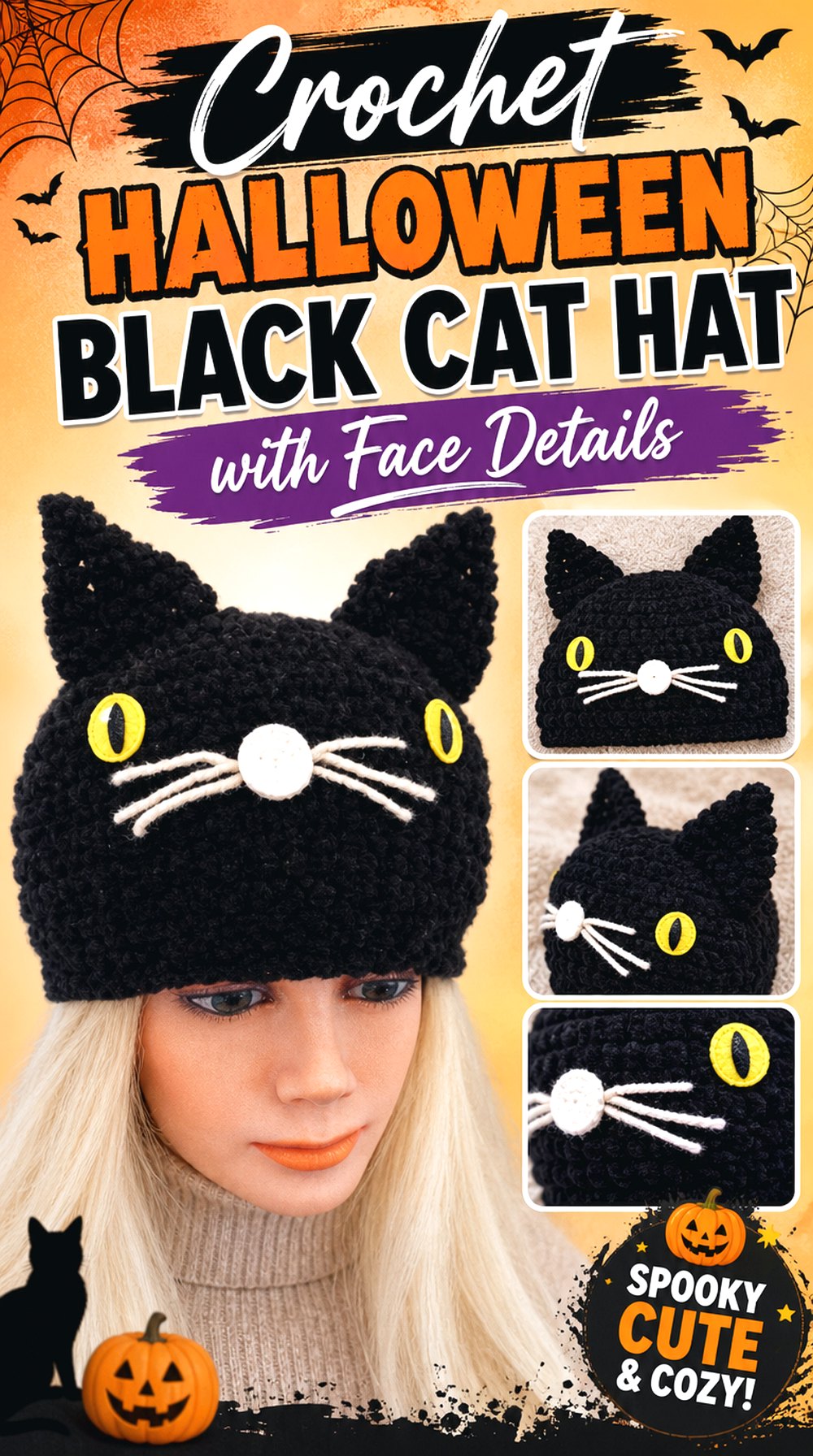 Crochet Halloween Black Cat Hat with Face Details