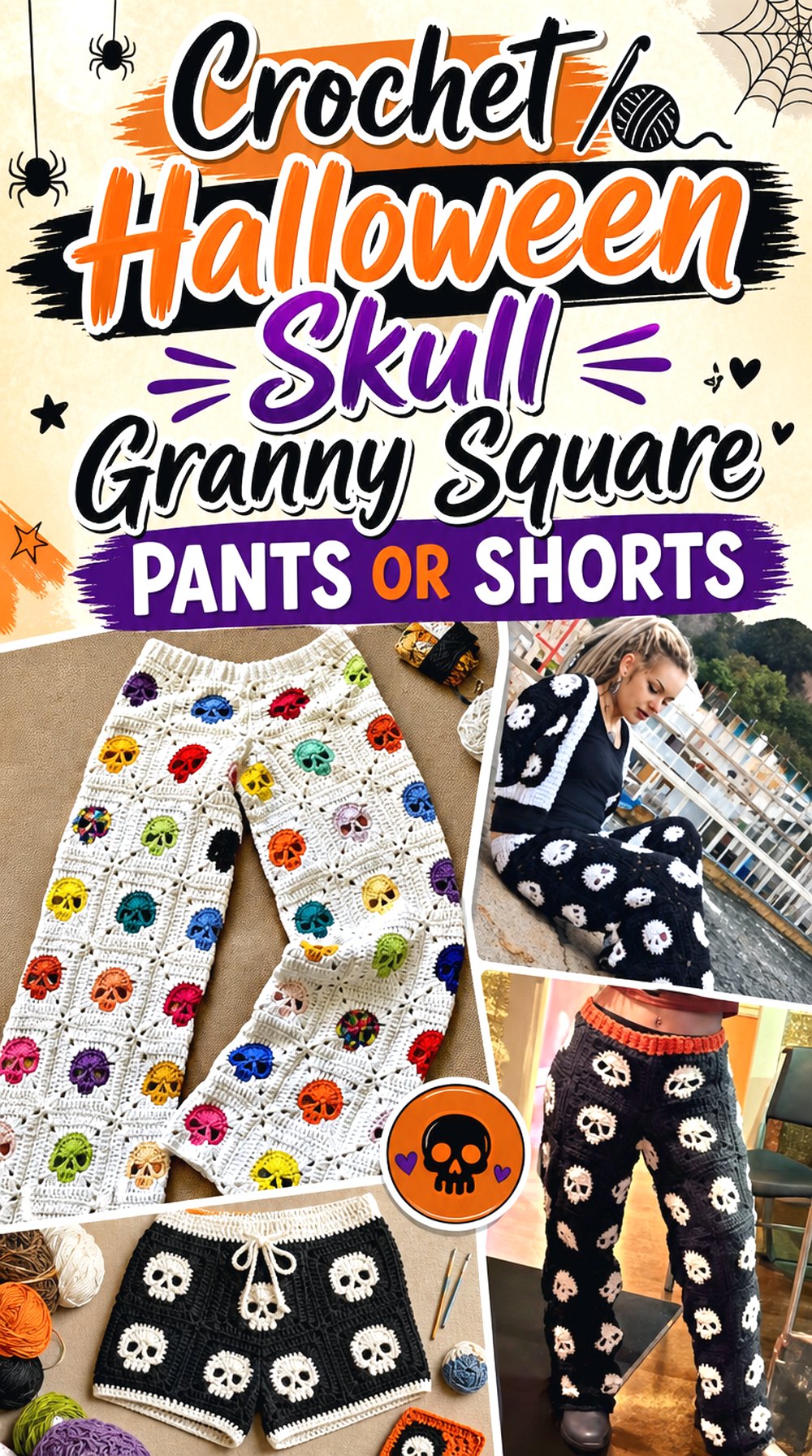 Crochet Halloween Skull Granny Square Pants or Shorts