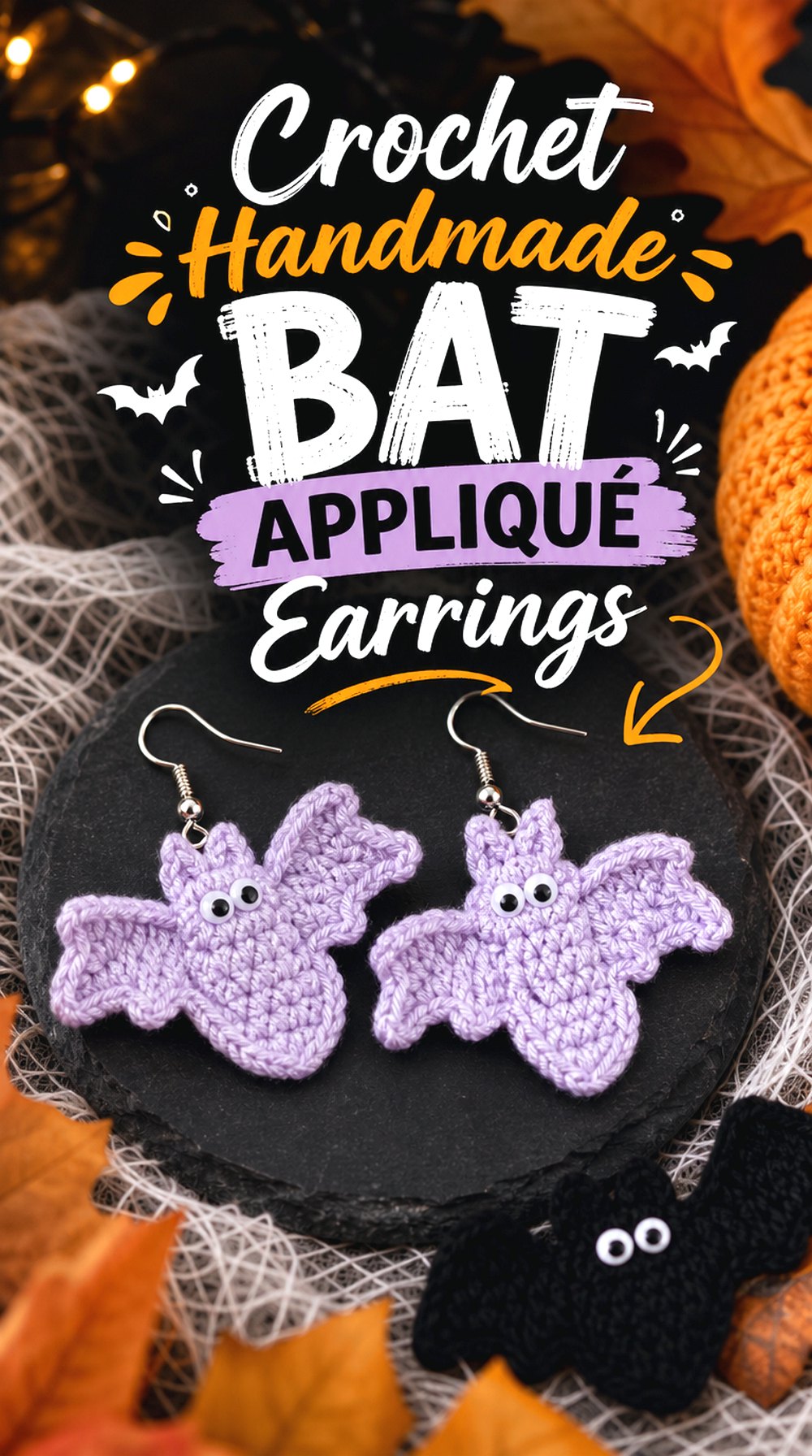 Crochet Handmade Bat Appliqué Earrings
