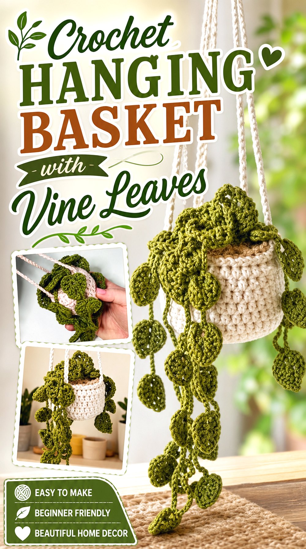 Crochet Hanging Basket with Vine Leaves