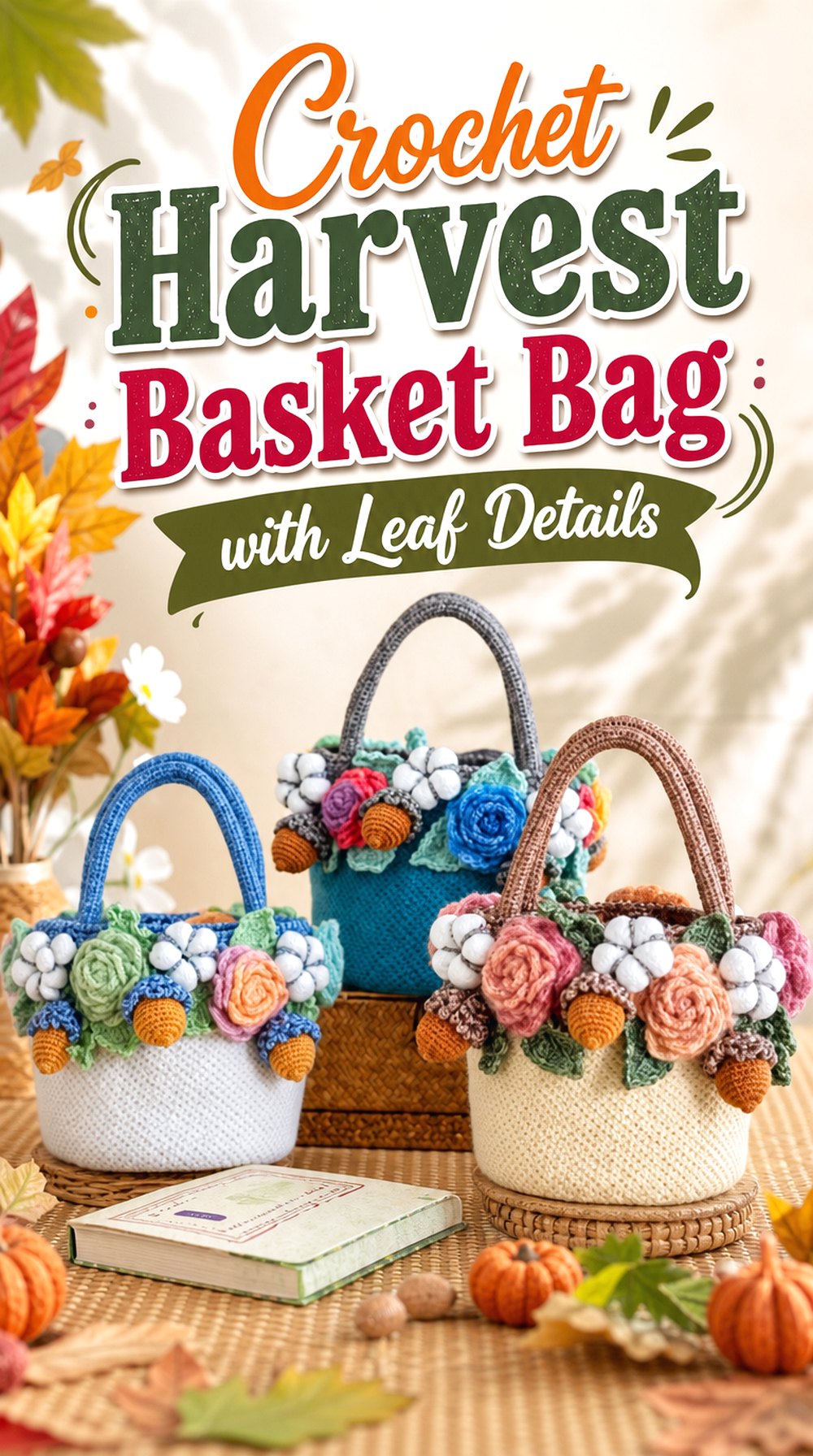 Crochet Harvest Basket Bag with Leaf Details