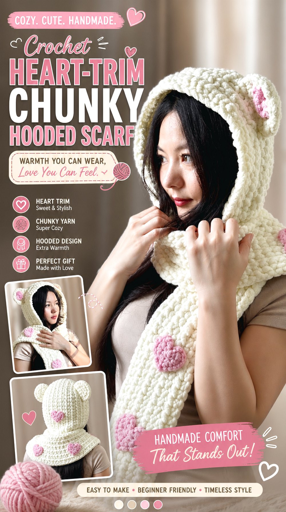 Crochet Heart Trim Chunky Hooded Scarf