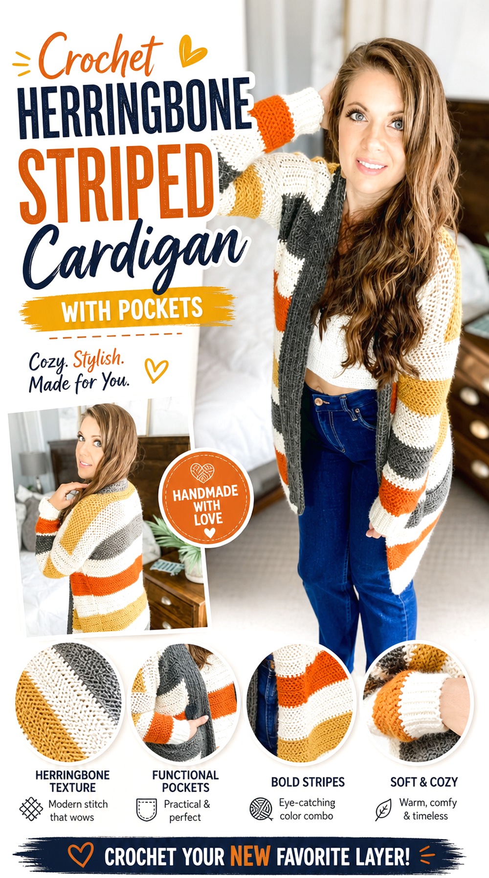 Crochet Herringbone Striped Cardigan with Pockets