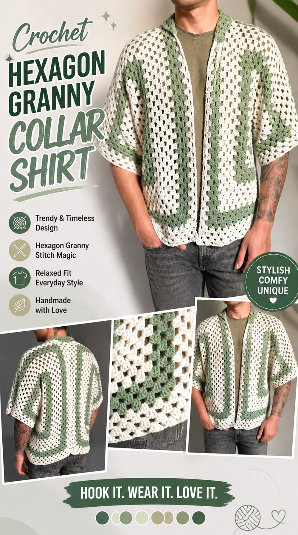 Crochet Hexagon Granny Collar Shirt