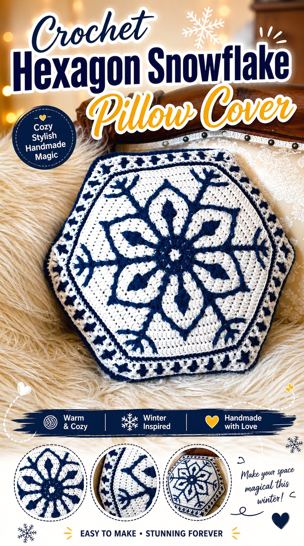 Crochet Hexagon Snowflake Pillow Cover