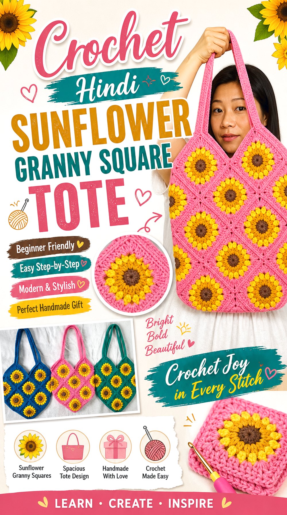 Crochet Hindi Sunflower Granny Square Tote