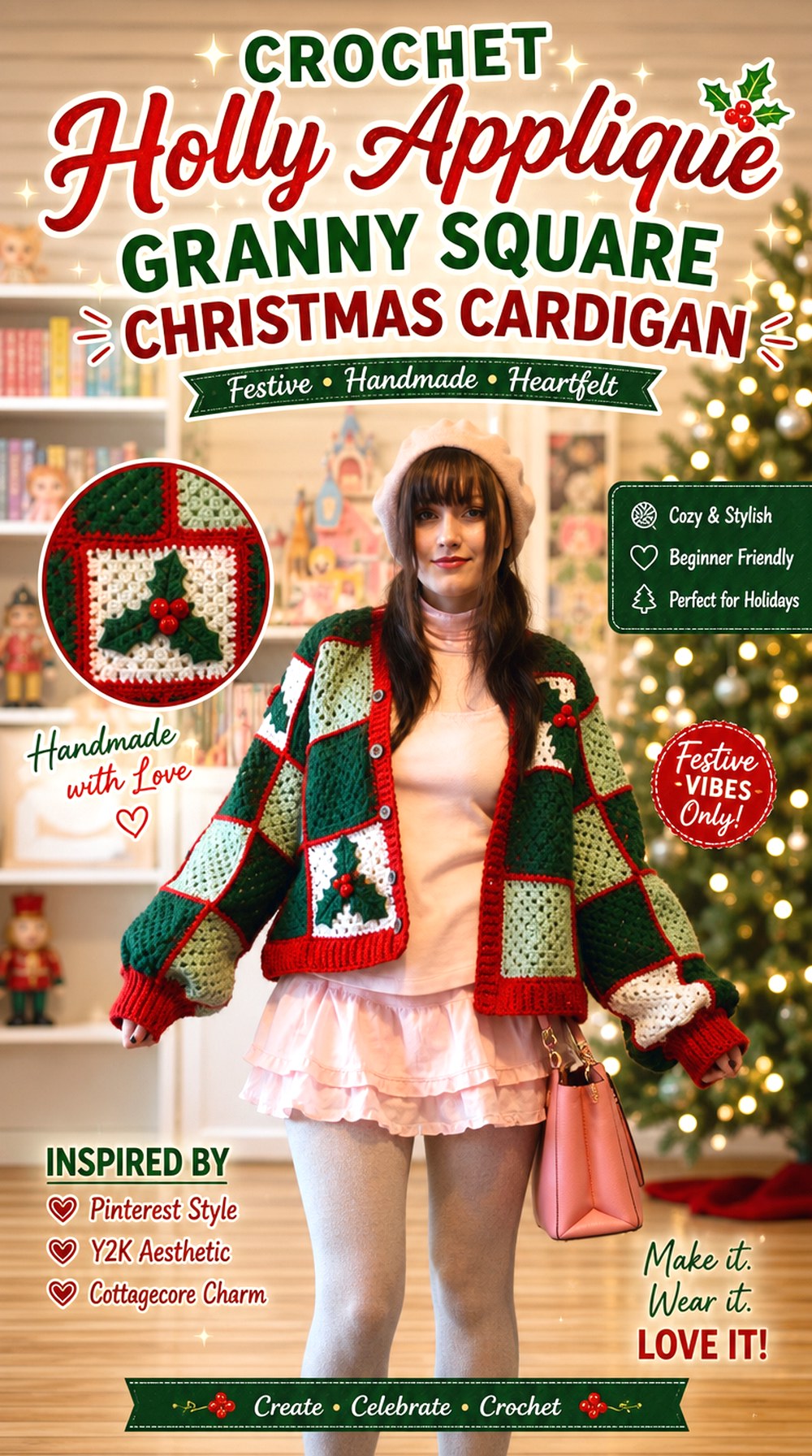 Crochet Holly Appliqué Granny Square Christmas Cardigan