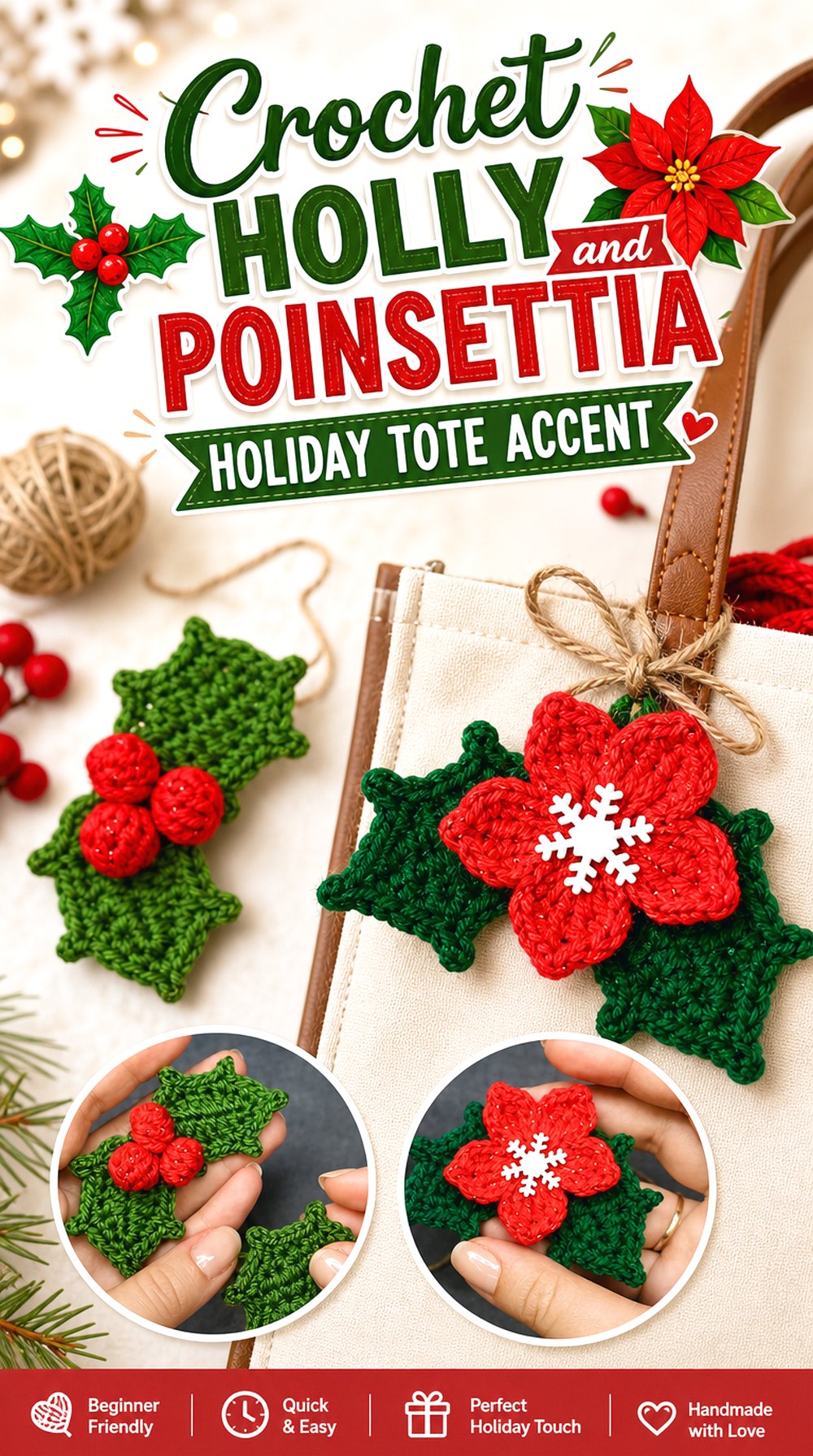 Crochet Holly and Poinsettia Holiday Tote Accent