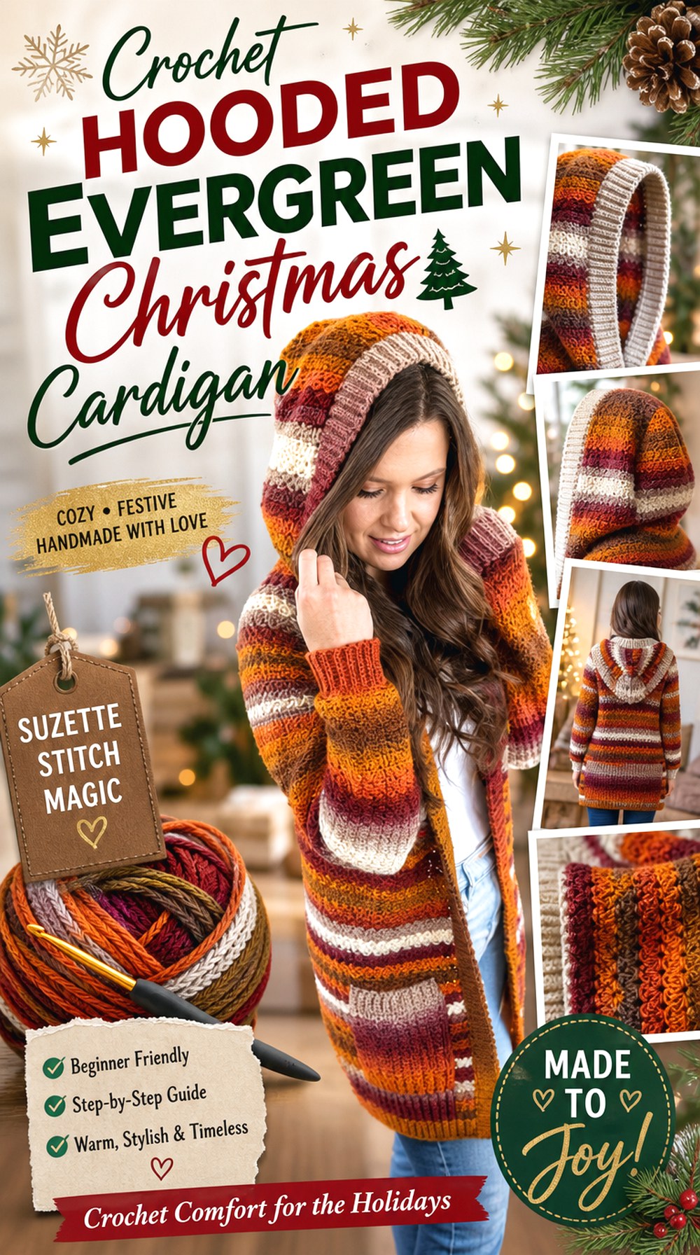 Crochet Hooded Evergreen Christmas Cardigan