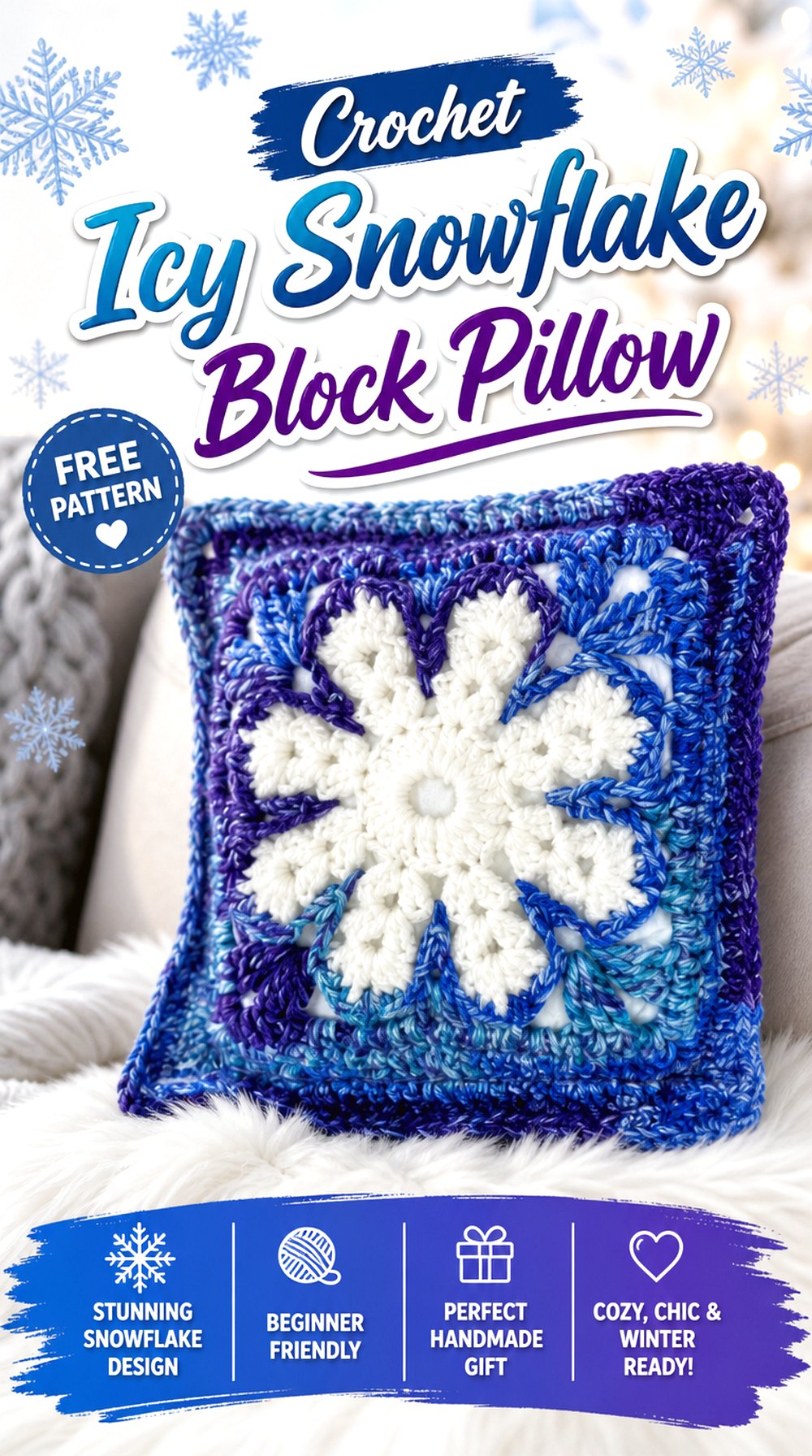 Crochet Icy Snowflake Block Pillow