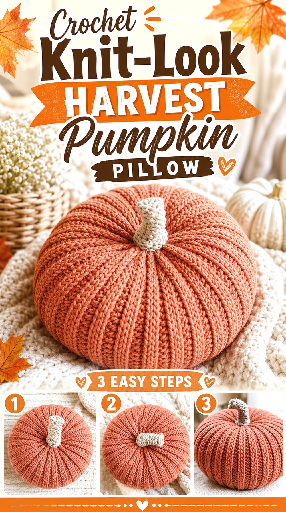 Crochet Knit Look Harvest Pumpkin Pillow