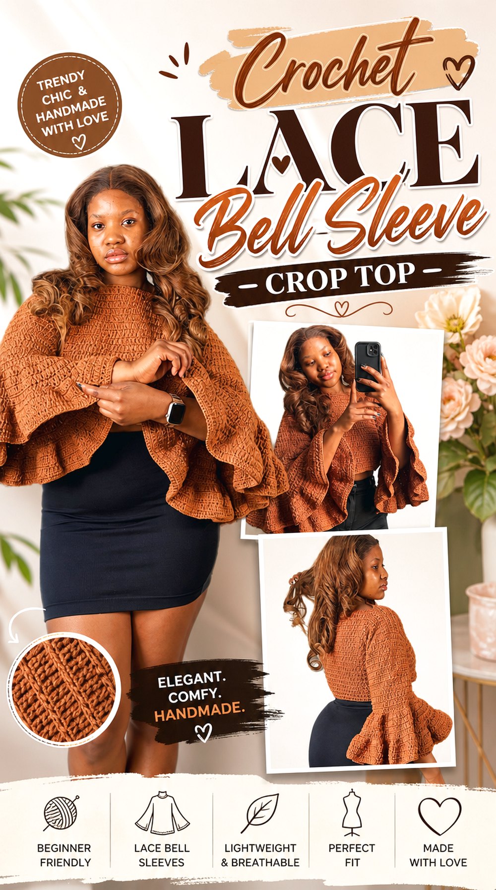 Crochet Lace Bell Sleeve Crop Top