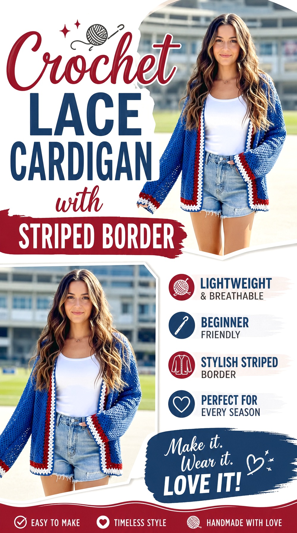 Crochet Lace Cardigan with Striped Border