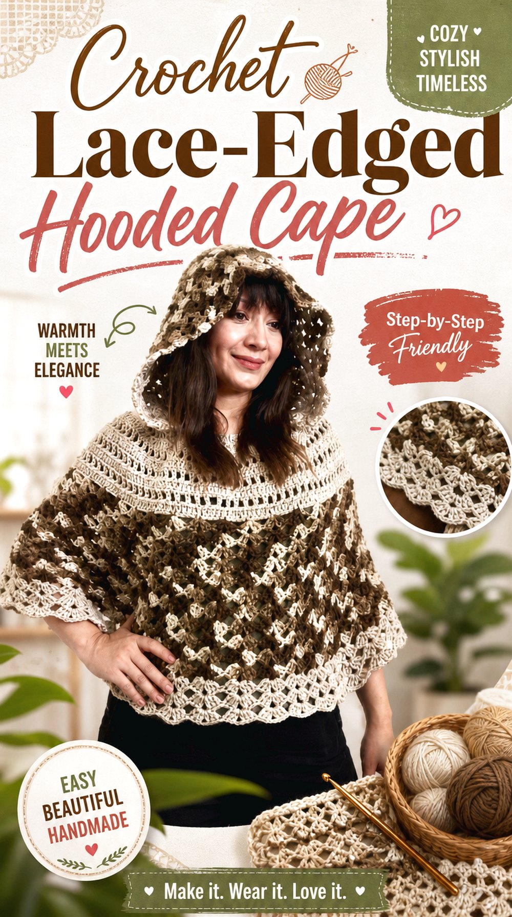 Crochet Lace Edged Hooded Cape
