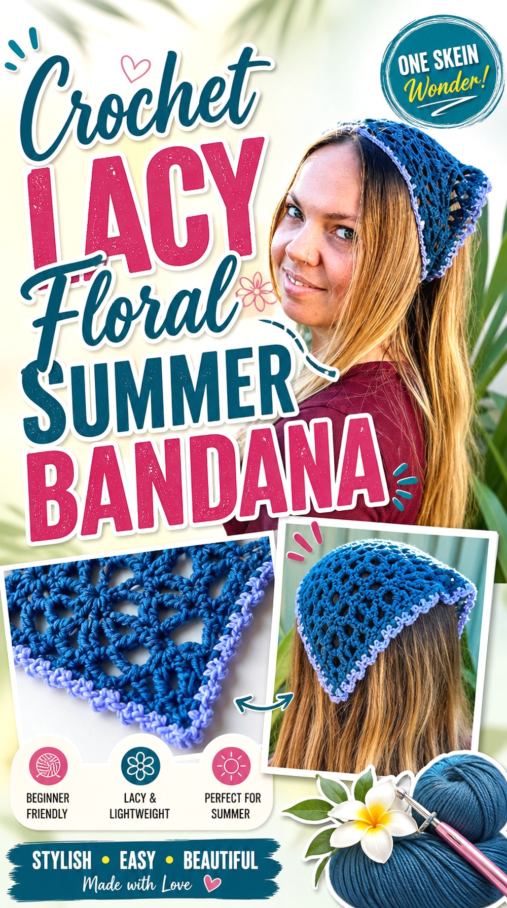 Crochet Lacy Floral Summer Bandana
