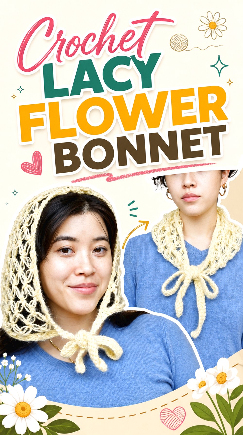 Crochet Lacy Flower Bonnet